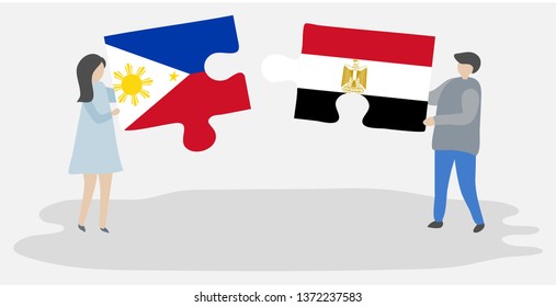 Couple holding two puzzles pieces with Filipino and Egyptian flags. Philippines and Egypt national symbols together.