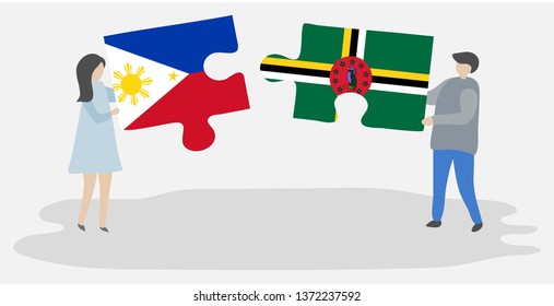 Couple holding two puzzles pieces with Filipino and Dominican flags. Philippines and Dominica national symbols together.