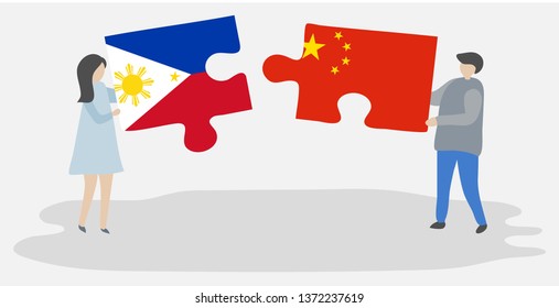 Couple holding two puzzles pieces with Filipino and Chinese flags. Philippines and China national symbols together.