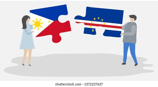 Couple holding two puzzles pieces with Filipino and Cabo Verdean flags. Philippines and Cape Verde national symbols together.