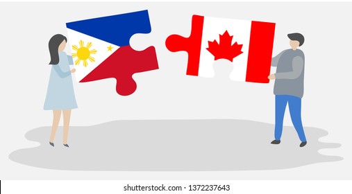 Couple holding two puzzles pieces with Filipino and Canadian flags. Philippines and Canada national symbols together.