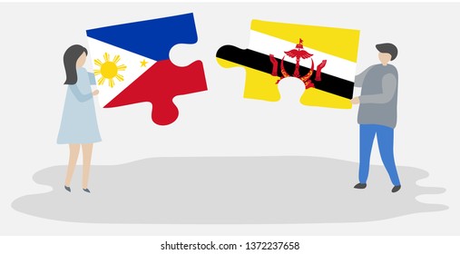 Couple holding two puzzles pieces with Filipino and Bruneian flags. Philippines and Brunei national symbols together.