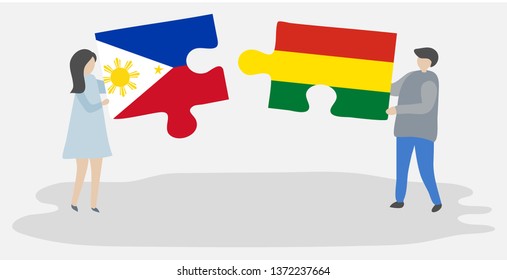 Couple holding two puzzles pieces with Filipino and Bolivian flags. Philippines and Bolivia national symbols together.