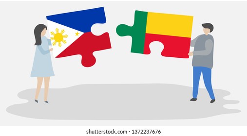 Couple holding two puzzles pieces with Filipino and Beninese flags. Philippines and Benin national symbols together.