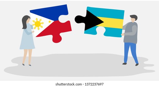 Couple holding two puzzles pieces with Filipino and Bahamian flags. Philippines and Bahamas national symbols together.
