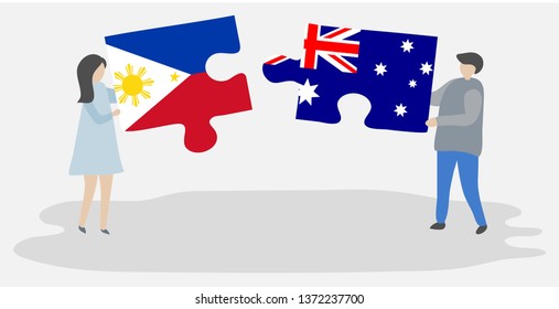 Couple holding two puzzles pieces with Filipino and Australian flags. Philippines and Australia national symbols together.