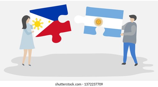 Couple holding two puzzles pieces with Filipino and Argentine flags. Philippines and Argentina national symbols together.