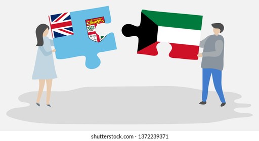 Couple holding two puzzles pieces with Fijian and Kuwaiti flags. Fiji and Kuwait national symbols together.