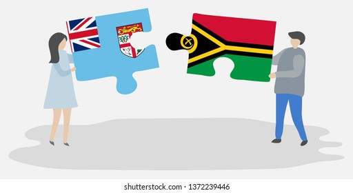 Couple holding two puzzles pieces with Fijian and Vanuatuan flags. Fiji and Vanuatu national symbols together.