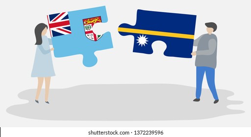 Couple holding two puzzles pieces with Fijian and Nauruan flags. Fiji and Nauru national symbols together.