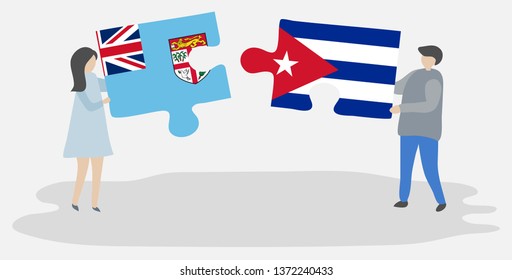 Couple holding two puzzles pieces with Fijian and Cuban flags. Fiji and Cuba national symbols together.