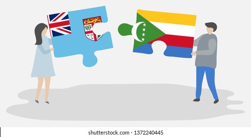 Couple holding two puzzles pieces with Fijian and Comoran flags. Fiji and Comoros national symbols together.