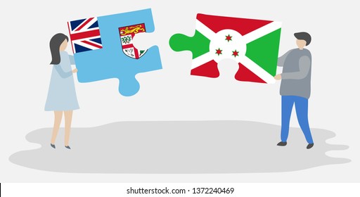 Couple holding two puzzles pieces with Fijian and Burundian flags. Fiji and Burundi national symbols together.