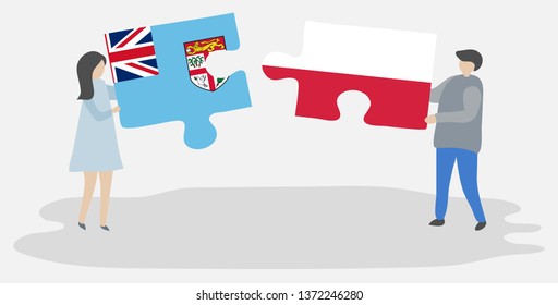 Couple holding two puzzles pieces with Fijian and Polish flags. Fiji and Poland national symbols together.