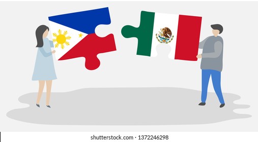 Couple holding two puzzles pieces with Filipino and Mexican flags. Philippines and Mexico national symbols together.