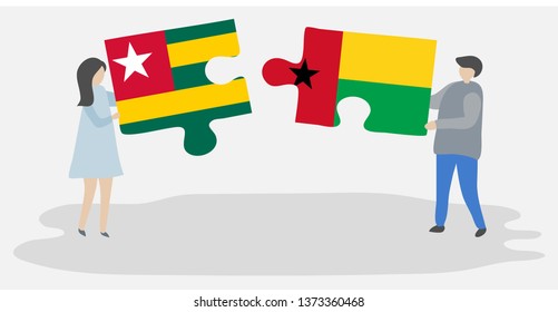 Couple holding two puzzles pieces with Togolese and Bissau-Guinean flags. Togo and Guinea-Bissau national symbols together.