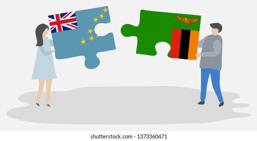 Couple holding two puzzles pieces with Tuvaluan and Zambian flags. Tuvalu and Zambia national symbols together.