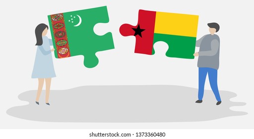 Couple holding two puzzles pieces with Turkmen and Bissau-Guinean flags. Turkmenistan and Guinea-Bissau national symbols together.