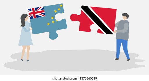 Couple holding two puzzles pieces with Tuvaluan and Trinidadian flags. Tuvalu and Trinidad and Tobago national symbols together.