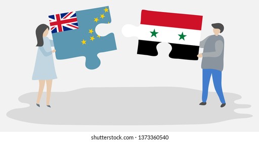 Couple holding two puzzles pieces with Tuvaluan and Syrian flags. Tuvalu and Syria national symbols together.