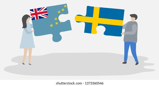 Couple holding two puzzles pieces with Tuvaluan and Swedish flags. Tuvalu and Sweden national symbols together.