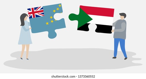 Couple holding two puzzles pieces with Tuvaluan and Sudanese flags. Tuvalu and Sudan national symbols together.