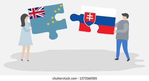 Couple holding two puzzles pieces with Tuvaluan and Slovak flags. Tuvalu and Slovakia national symbols together.