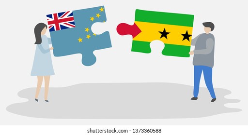 Couple holding two puzzles pieces with Tuvaluan and Sao Tomean flags. Tuvalu and Sao Tome and Principe national symbols together.