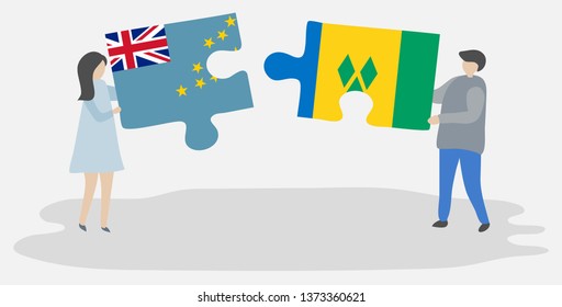 Couple holding two puzzles pieces with Tuvaluan and Vincentian flags. Tuvalu and Saint Vincent and the Grenadines national symbols together.