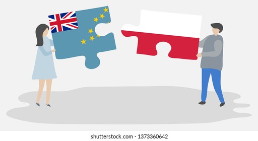 Couple holding two puzzles pieces with Tuvaluan and Polish flags. Tuvalu and Poland national symbols together.