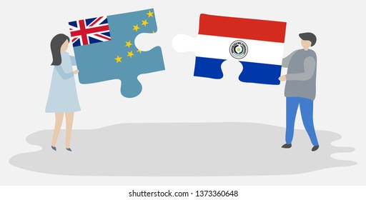 Couple holding two puzzles pieces with Tuvaluan and Paraguayan flags. Tuvalu and Paraguay national symbols together.