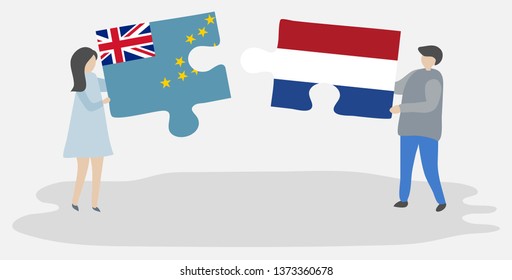 Couple holding two puzzles pieces with Tuvaluan and Dutch flags. Tuvalu and Netherlands national symbols together.
