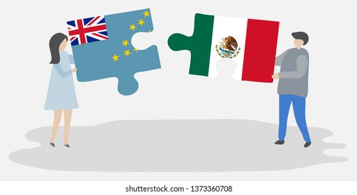 Couple holding two puzzles pieces with Tuvaluan and Mexican flags. Tuvalu and Mexico national symbols together.