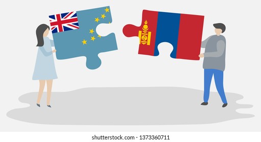 Couple holding two puzzles pieces with Tuvaluan and Mongolian flags. Tuvalu and Mongolia national symbols together.