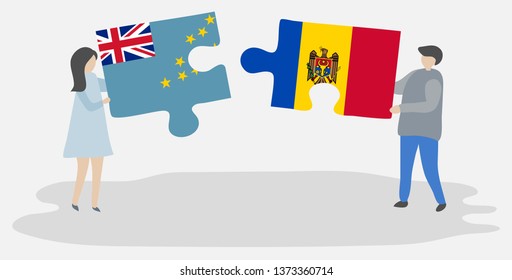 Couple holding two puzzles pieces with Tuvaluan and Moldovan flags. Tuvalu and Moldova national symbols together.