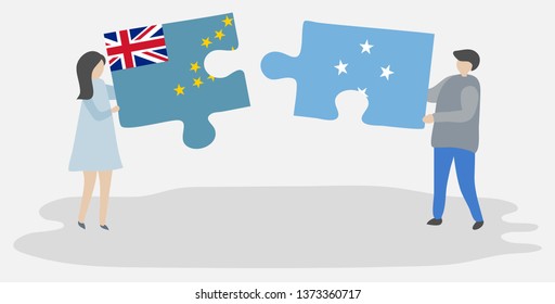 Couple holding two puzzles pieces with Tuvaluan and Micronesian flags. Tuvalu and Micronesia national symbols together.