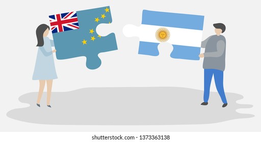 Couple holding two puzzles pieces with Tuvaluan and Argentine flags. Tuvalu and Argentina national symbols together.