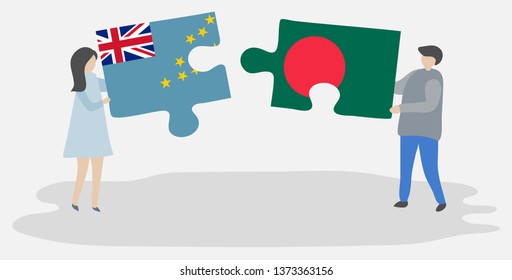 Couple holding two puzzles pieces with Tuvaluan and Bangladeshi flags. Tuvalu and Bangladesh national symbols together.