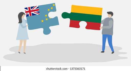 Couple holding two puzzles pieces with Tuvaluan and Lithuanian flags. Tuvalu and Lithuania national symbols together.