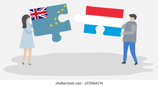Couple holding two puzzles pieces with Tuvaluan and Luxembourgish flags. Tuvalu and Luxembourg national symbols together.