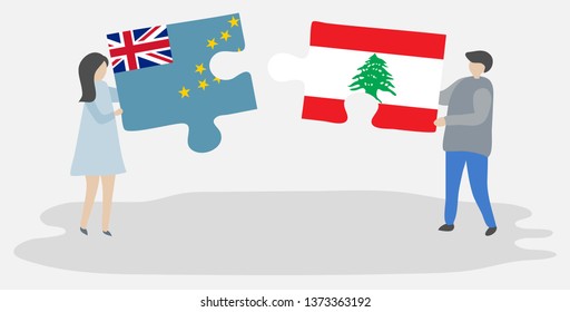 Couple holding two puzzles pieces with Tuvaluan and Lebanese flags. Tuvalu and Lebanon national symbols together.