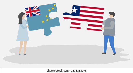 Couple holding two puzzles pieces with Tuvaluan and Liberian flags. Tuvalu and Liberia national symbols together.