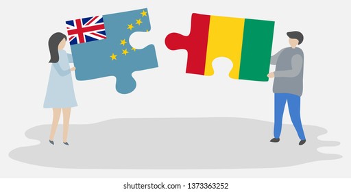 Couple holding two puzzles pieces with Tuvaluan and Guinean flags. Tuvalu and Guinea national symbols together.