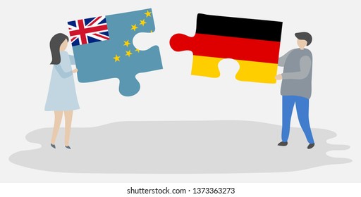 Couple holding two puzzles pieces with Tuvaluan and German flags. Tuvalu and Germany national symbols together.