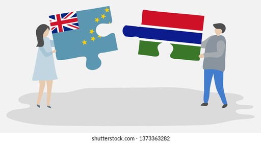 Couple holding two puzzles pieces with Tuvaluan and Gambian flags. Tuvalu and Gambia national symbols together.