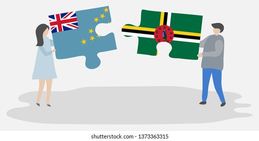 Couple holding two puzzles pieces with Tuvaluan and Dominican flags. Tuvalu and Dominica national symbols together.