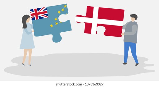 Couple holding two puzzles pieces with Tuvaluan and Danish flags. Tuvalu and Denmark national symbols together.