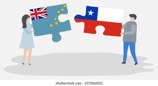 Couple holding two puzzles pieces with Tuvaluan and Chilean flags. Tuvalu and Chile national symbols together.