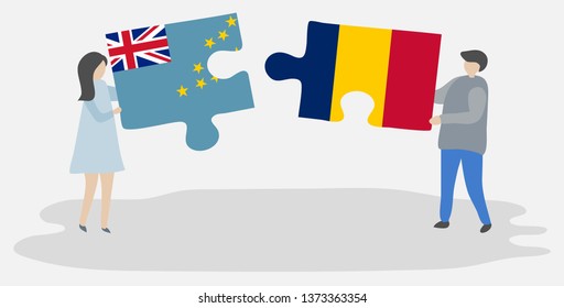 Couple holding two puzzles pieces with Tuvaluan and Chadian flags. Tuvalu and Chad national symbols together.