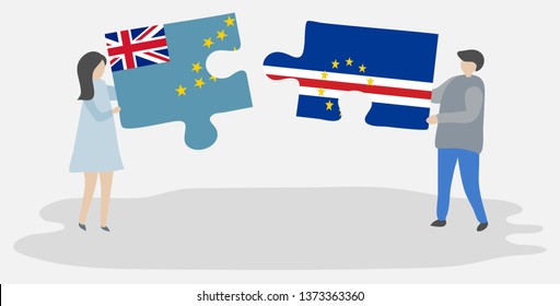 Couple holding two puzzles pieces with Tuvaluan and Cabo Verdean flags. Tuvalu and Cape Verde national symbols together.